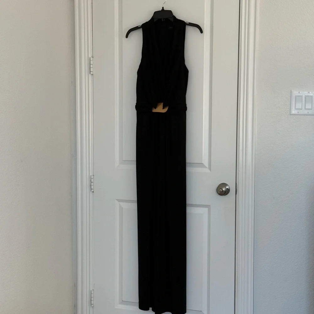 Donna Karan Black Sleeveless Draped Jumpsuit with Gold Logo Detail - Picture 5 of 9